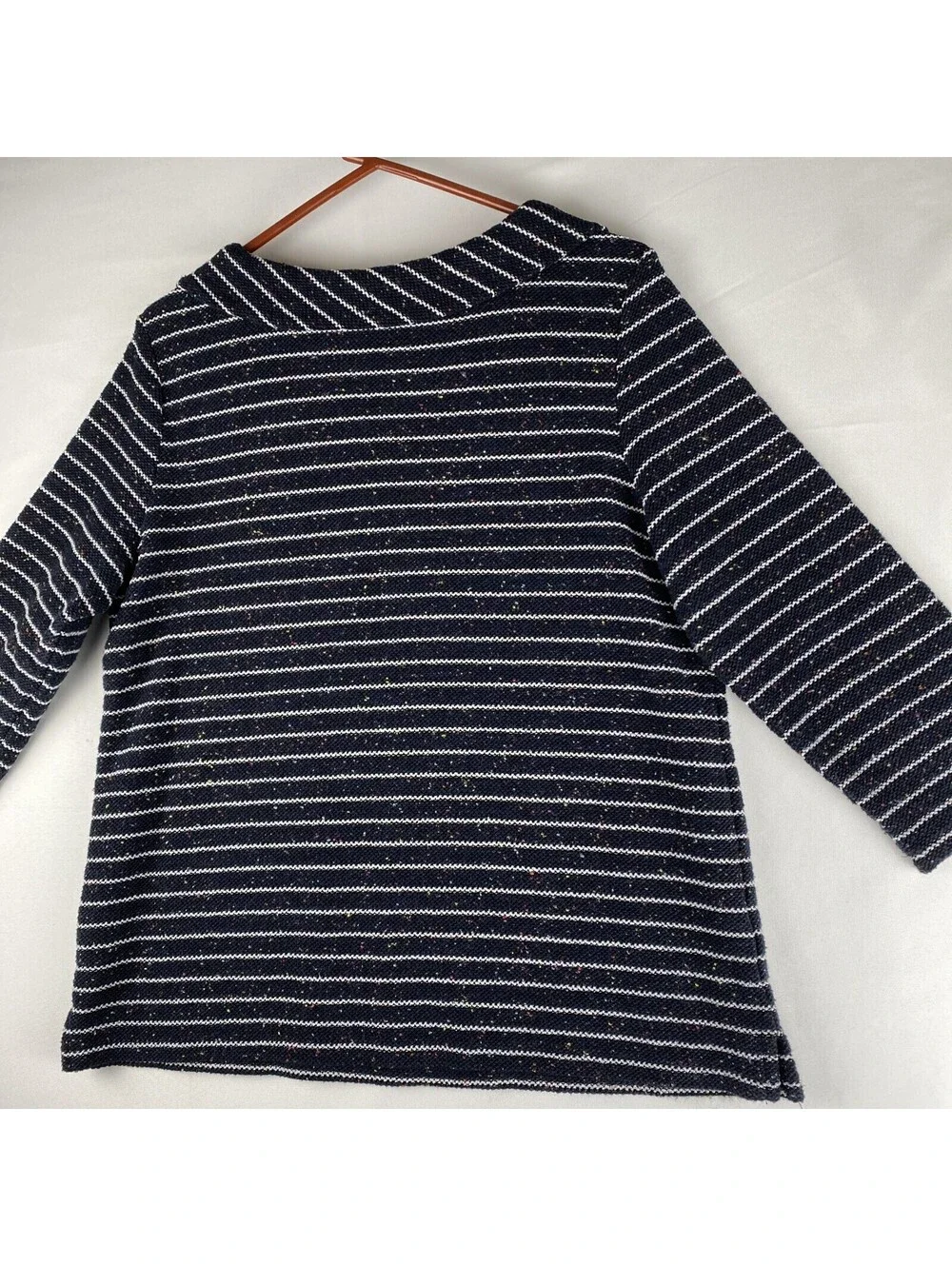 TALBOTS Knit Sweater Top Med Speckled Striped 3/4 Sleeve Navy Blue White